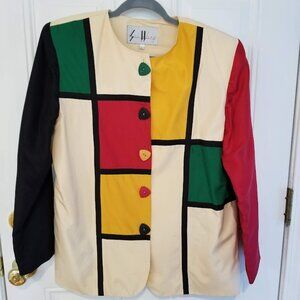 Vintage Sue Wong Silk Color Block Blazer, Size Large, Designer, 80s, Artsy